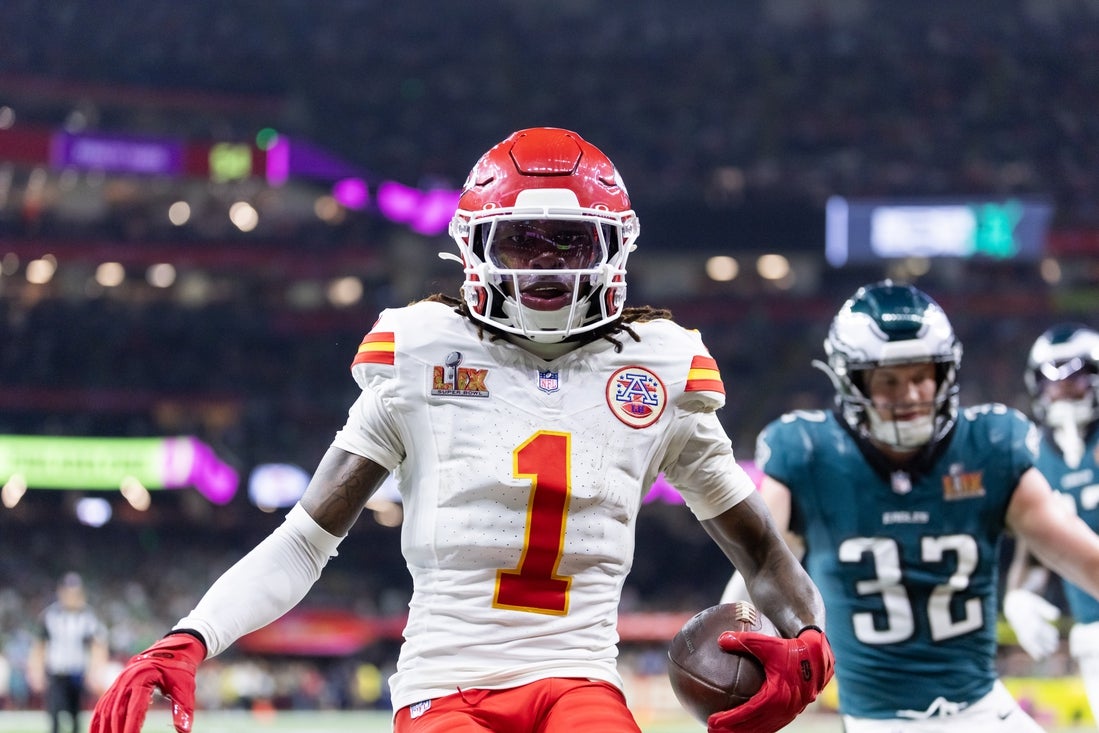Feb 9, 2025; New Orleans, LA, USA; Kansas City Chiefs wide receiver Xavier Worthy (1) against the Philadelphia Eagles in Super Bowl LIX at Ceasars Superdome. Mandatory Credit: Mark J. Rebilas-Imagn Images