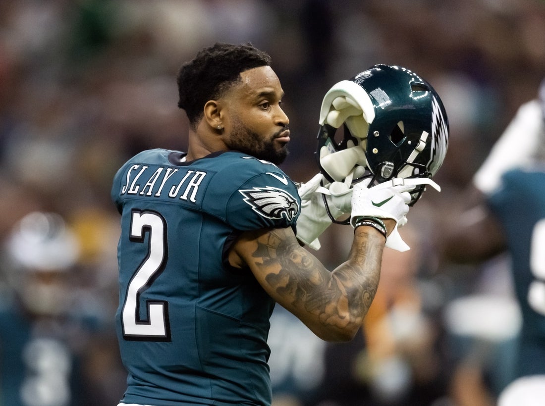 Feb 9, 2025; New Orleans, LA, USA; Philadelphia Eagles cornerback Darius Slay Jr. (2) against the Kansas City Chiefs during Super Bowl LIX at Ceasars Superdome. Mandatory Credit: Mark J. Rebilas-Imagn Images