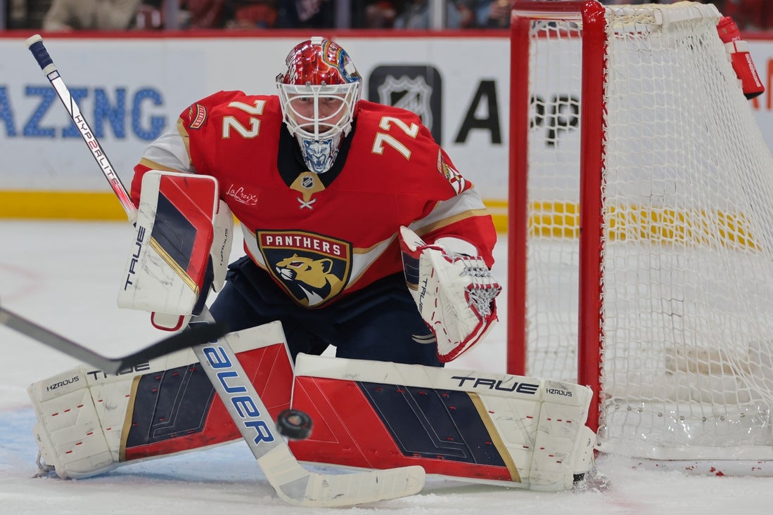 Mar 3, 2025; Sunrise, Florida, USA; Florida Panthers goaltender Sergei Bobrovsky (72) makes a save against Tampa Bay Lightning right wing Nikita Kucherov (not pictured) during the third period at Amerant Bank Arena. Mandatory Credit: Sam Navarro-Imagn Images