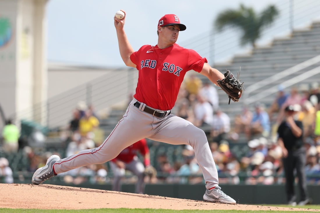 Mar 4, 2025; Bradenton, Florida, USA; Boston Red Sox starting pitcher Quinn Priester (68) throws a pitch during the first inning against the Pittsburgh Pirates at LECOM Park. Mandatory Credit: Kim Klement Neitzel-Imagn Images