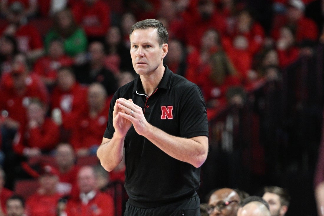 Mar 1, 2025; Lincoln, Nebraska, USA; Nebraska Cornhuskers head coach Fred Hoiberg watches action against the Minnesota Golden Gophers during the second half at Pinnacle Bank Arena. Mandatory Credit: Steven Branscombe-Imagn Images