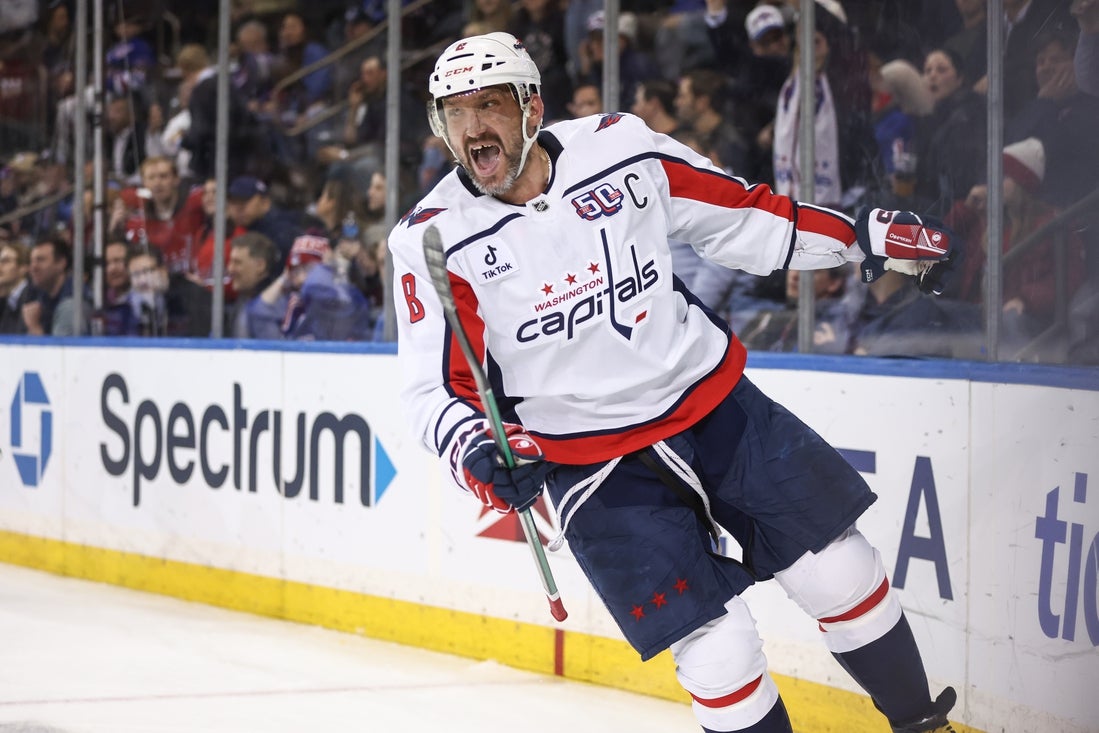 Mar 5, 2025; New York, New York, USA; Washington Capitals left wing Alex Ovechkin (8) celebrates after scoring a goal in the third period against the New York Rangers at Madison Square Garden. Mandatory Credit: Wendell Cruz-Imagn Images