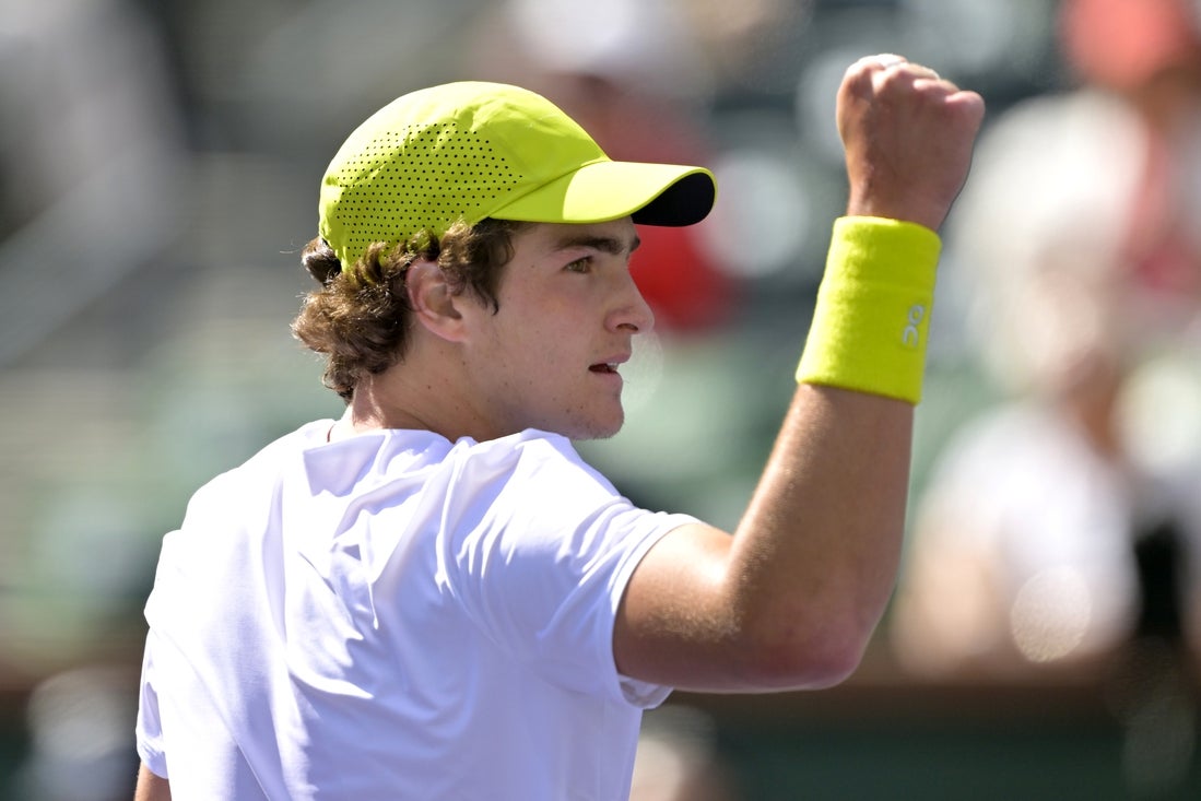 Mar 6, 2025; Indian Wells, CA, USA; Joao Fonseca (BRA) reacts shot during his first round match as he defeated Jacob Fearnley (not pictured) in the BNP Paribas Open at the Indian Well Tennis Garden. Mandatory Credit: Jayne Kamin-Oncea-Imagn Images