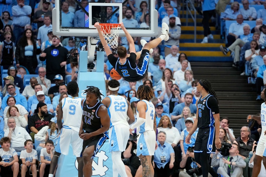 Mar 8, 2025; Chapel Hill, North Carolina, USA; Duke Blue Devils forward Cooper Flagg (2), named the ACC's Player of the Year Monday, scores in the second half at Dean E. Smith Center. Mandatory Credit: Bob Donnan-Imagn Images