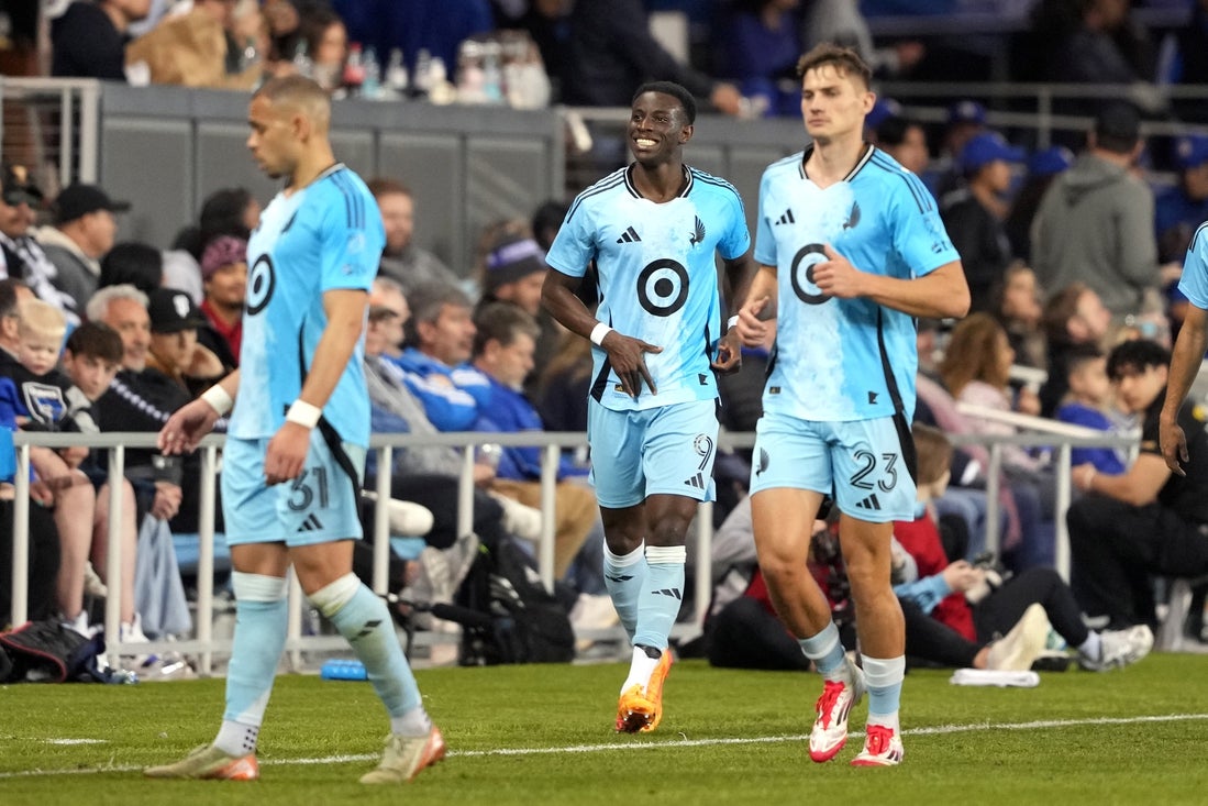Mar 8, 2025; San Jose, California, USA; Minnesota United forward Kelvin Yeboah (9) reacts after scoring a goal against the San Jose Earthquakes during the first half at PayPal Park. Mandatory Credit: Darren Yamashita-Imagn Images
