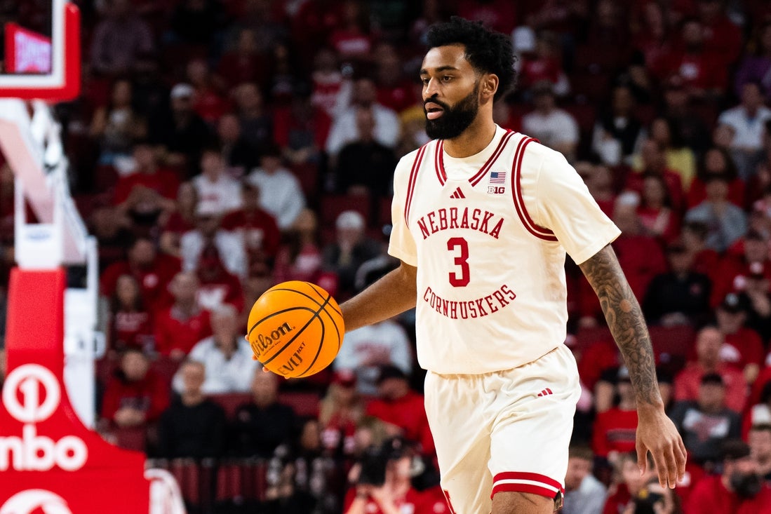 Mar 9, 2025; Lincoln, Nebraska, USA; Nebraska Cornhuskers guard Brice Williams (3) dribbles against the Iowa Hawkeyes during the first half at Pinnacle Bank Arena. Mandatory Credit: Dylan Widger-Imagn Images