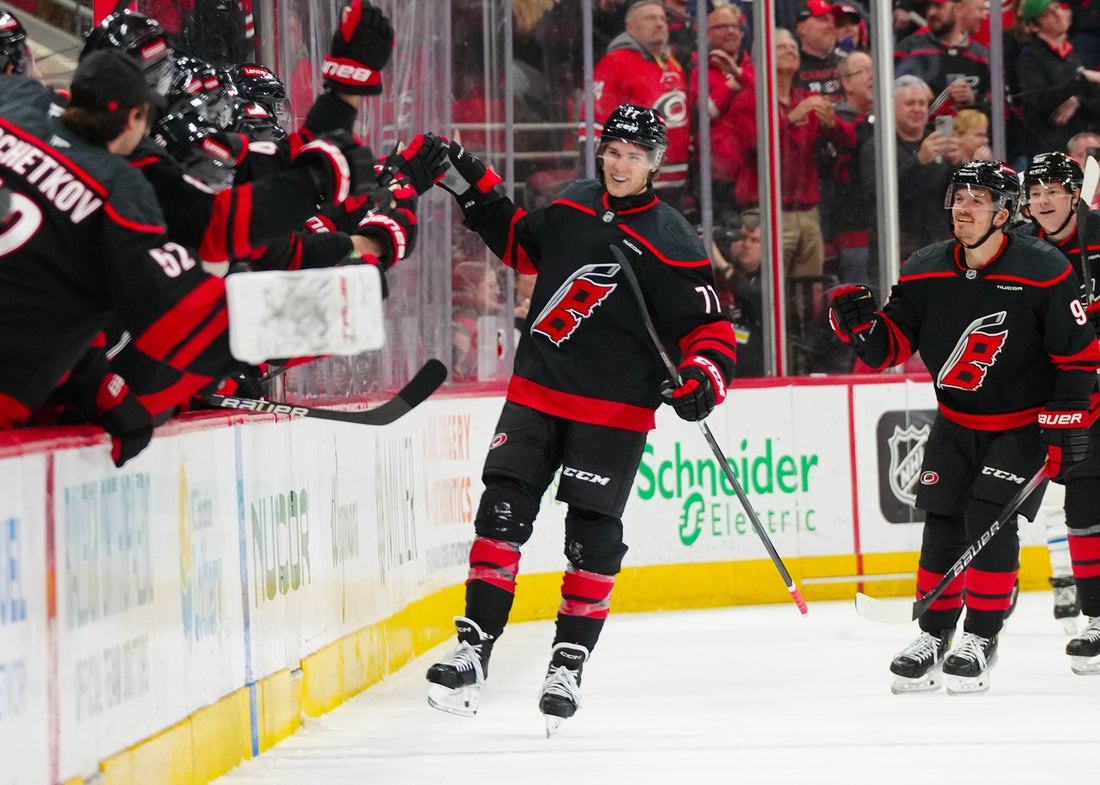 Mar 9, 2025; Raleigh, North Carolina, USA; Carolina Hurricanes center Mark Jankowski (77) celebrates his goal against the Winnipeg Jets during the second period at Lenovo Center. Mandatory Credit: James Guillory-Imagn Images