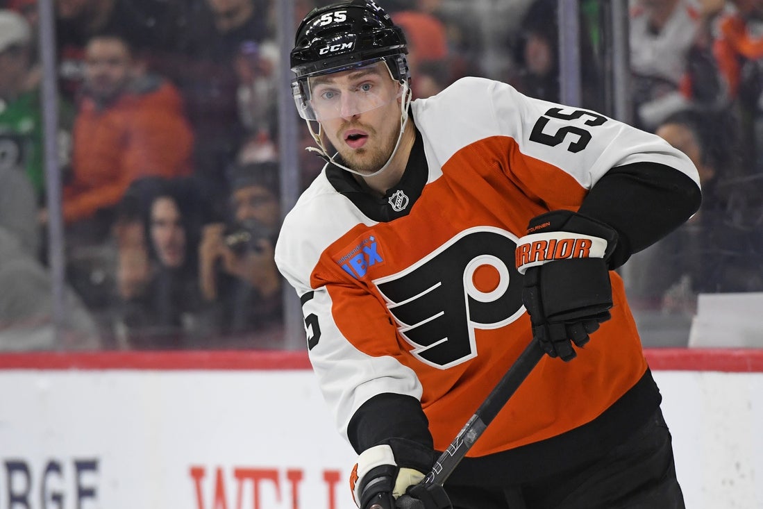 Mar 6, 2025; Philadelphia, Pennsylvania, USA; Philadelphia Flyers defenseman Rasmus Ristolainen (55) against the Winnipeg Jets at Wells Fargo Center. Mandatory Credit: Eric Hartline-Imagn Images