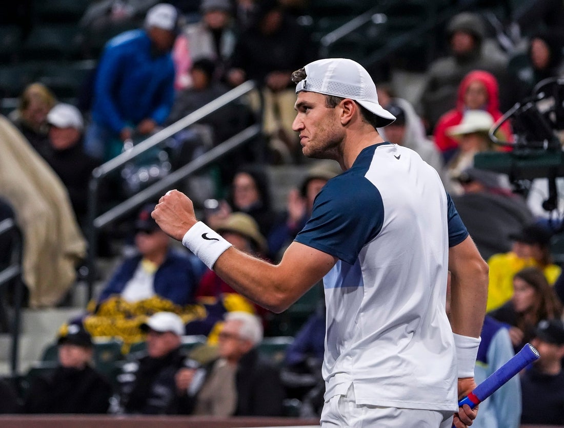 Jack Draper celebrates a match win in straight sets over Ben Shelton in the quarterfinals of the BNP Paribas Open in Indian Wells, Calif., Thursday, March 13, 2025.