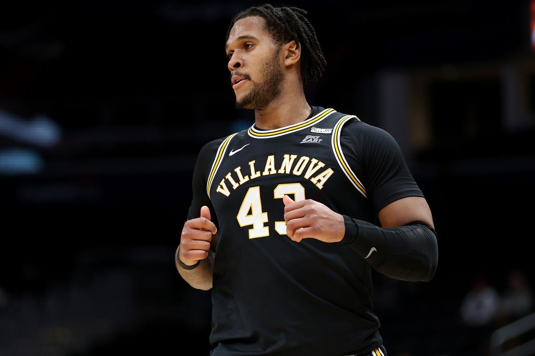 Mar 4, 2025; Washington, District of Columbia, USA; Villanova Wildcats forward Eric Dixon (43) looks on during the second half against the Georgetown Hoyas at Capital One Arena. Mandatory Credit: Daniel Kucin Jr.-Imagn Images