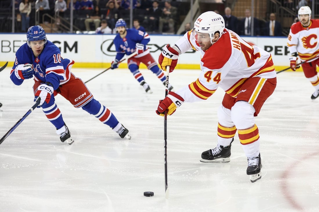 Mar 18, 2025; New York, New York, USA; Calgary Flames defenseman Joel Hanley (44) passes the puck in the first period against the New York Rangers at Madison Square Garden. Mandatory Credit: Wendell Cruz-Imagn Images