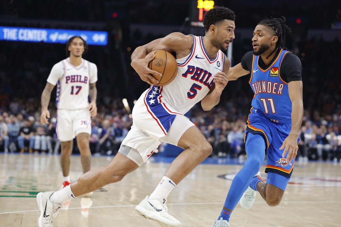Mar 19, 2025; Oklahoma City, Oklahoma, USA; Philadelphia 76ers guard Quentin Grimes (5) drives to the basket against Oklahoma City Thunder guard Isaiah Joe (11) during the second quarter at Paycom Center. Mandatory Credit: Alonzo Adams-Imagn Images