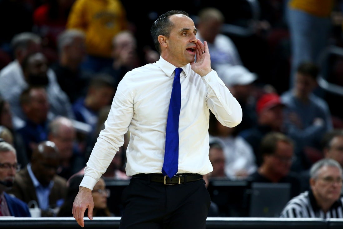 Mar 20, 2025; Wichita, KS, USA; Drake Bulldogs head coach Ben McCollum in the first half of a first round men’s NCAA Tournament game against the Missouri Tigers at Intrust Bank Arena. Mandatory Credit: Nick Tre. Smith-Imagn Images