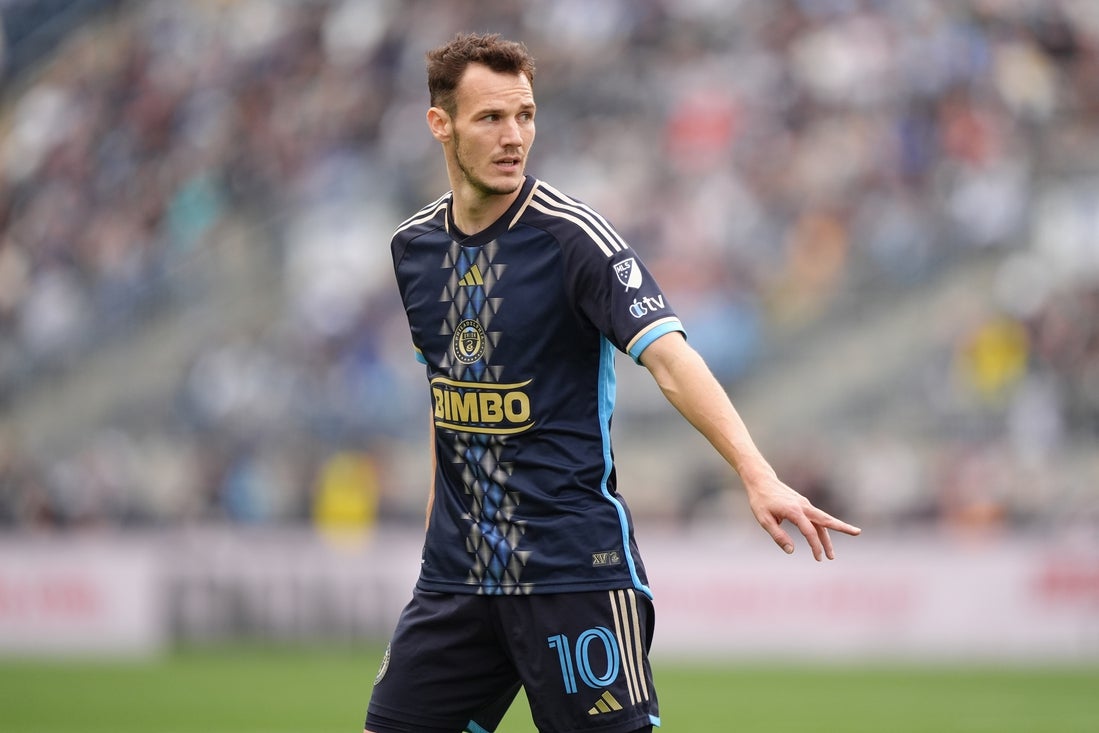 Mar 16, 2025; Chester, Pennsylvania, USA; Philadelphia Union midfielder Daniel Gazdag (10) in action against Nashville SC in the second half at Subaru Park. Mandatory Credit: Kyle Ross-Imagn Images
