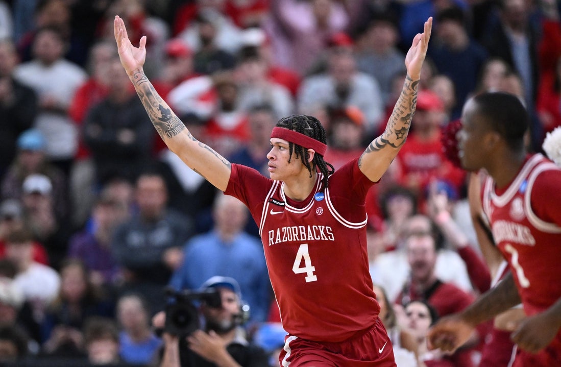 Mar 22, 2025; Providence, RI, USA; Arkansas Razorbacks forward Trevon Brazile (4) reacts after a basket during the second half of a second round men’s NCAA Tournament game against the St. John's Red Storm at Amica Mutual Pavilion. Mandatory Credit: Brian Fluharty-Imagn Images