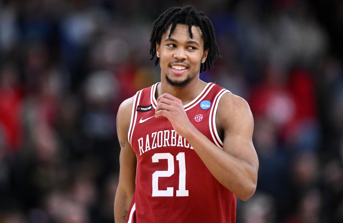 Mar 22, 2025; Providence, RI, USA; Arkansas Razorbacks guard D.J. Wagner (21) celebrates during the second half of a second round men’s NCAA Tournament game against the St. John's Red Storm at Amica Mutual Pavilion. Mandatory Credit: Brian Fluharty-Imagn Images