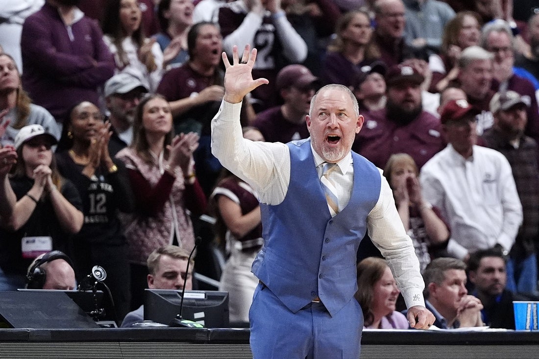 Mar 22, 2025; Denver, CO, USA; Texas A&M Aggies head coach Buzz Williams reacts during the second half in the second round of the NCAA Tournament at Ball Arena. Mandatory Credit: Ron Chenoy-Imagn Images