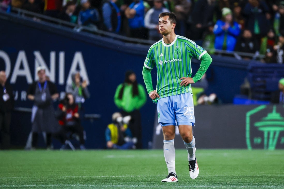 Mar 22, 2025; Seattle, Washington, USA; Seattle Sounders FC defender Jackson Ragen (25) reacts to a play against the Houston Dynamo FC during the second half at Lumen Field. Mandatory Credit: Joe Nicholson-Imagn Images