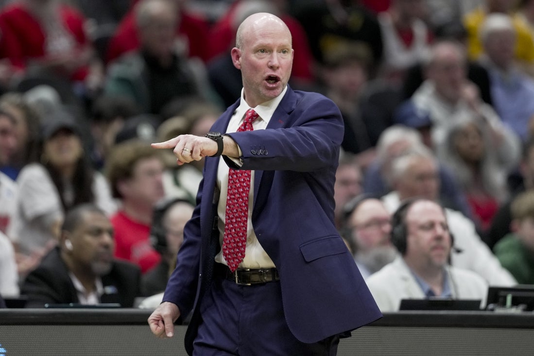 Mar 23, 2025; Seattle, WA, USA; Maryland Terrapins head coach Kevin Willard works the sideline against the Colorado State Rams in the first half at Climate Pledge Arena. Mandatory Credit: Stephen Brashear-Imagn Images