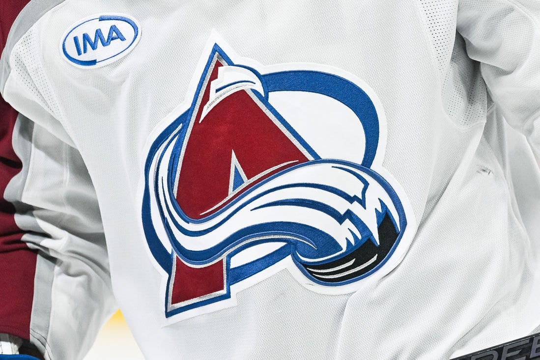 Mar 22, 2025; Montreal, Quebec, CAN; View of a Colorado Avalanche logo on ajersey worn by a member of the team at Bell Centre. Mandatory Credit: David Kirouac-Imagn Images