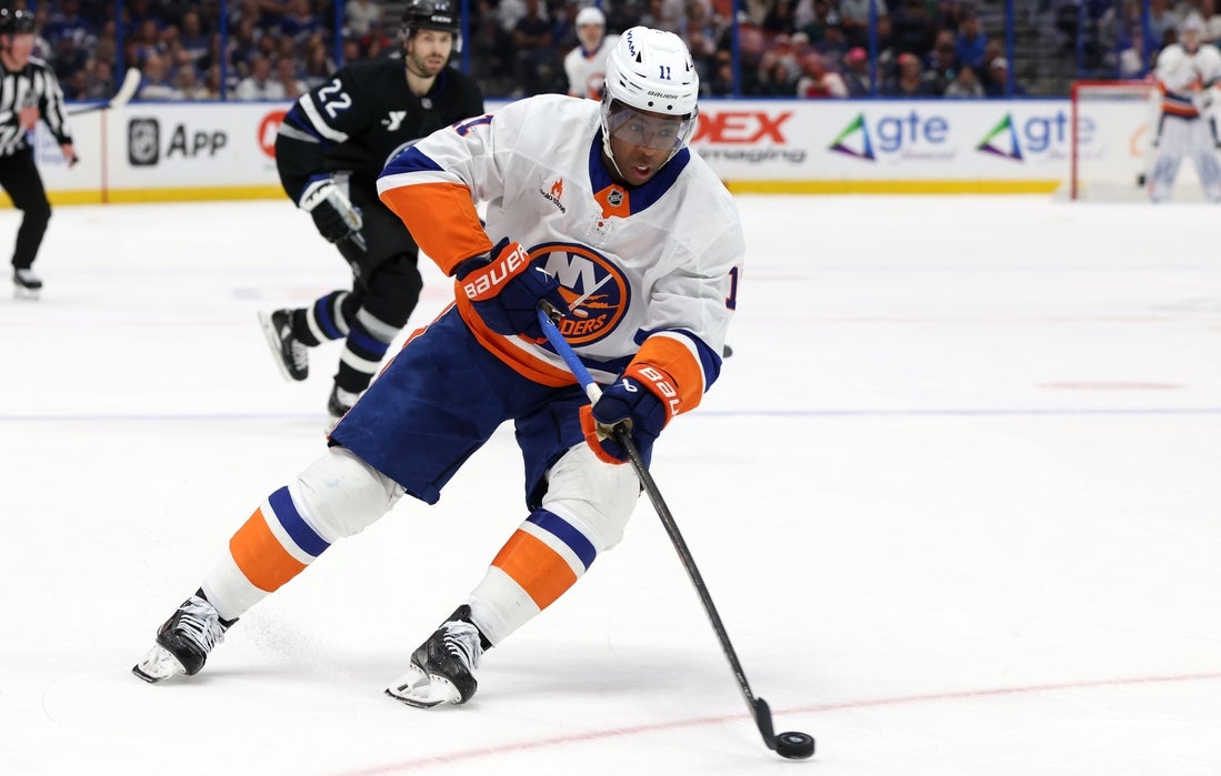 Mar 29, 2025; Tampa, Florida, USA; New York Islanders left wing Anthony Duclair (11) skates with the puck against the Tampa Bay Lightning during the first period at Amalie Arena. Mandatory Credit: Kim Klement Neitzel-Imagn Images