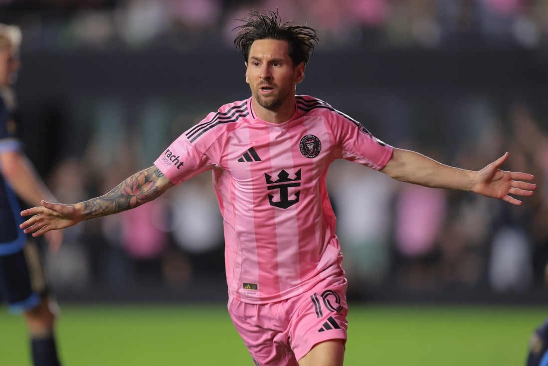 Mar 29, 2025; Fort Lauderdale, Florida, USA; Inter Miami CF forward Lionel Messi (10) celebrates after scoring against the Philadelphia Union during the second half at Chase Stadium. Mandatory Credit: Sam Navarro-Imagn Images