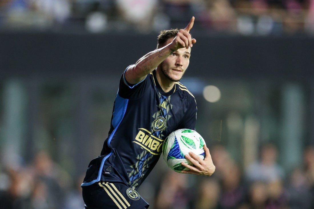 Mar 29, 2025; Fort Lauderdale, Florida, USA; Philadelphia Union midfielder Daniel Gazdag (10) celebrates after scoring a goal against Inter Miami CF in the second half at Chase Stadium. Mandatory Credit: Nathan Ray Seebeck-Imagn Images