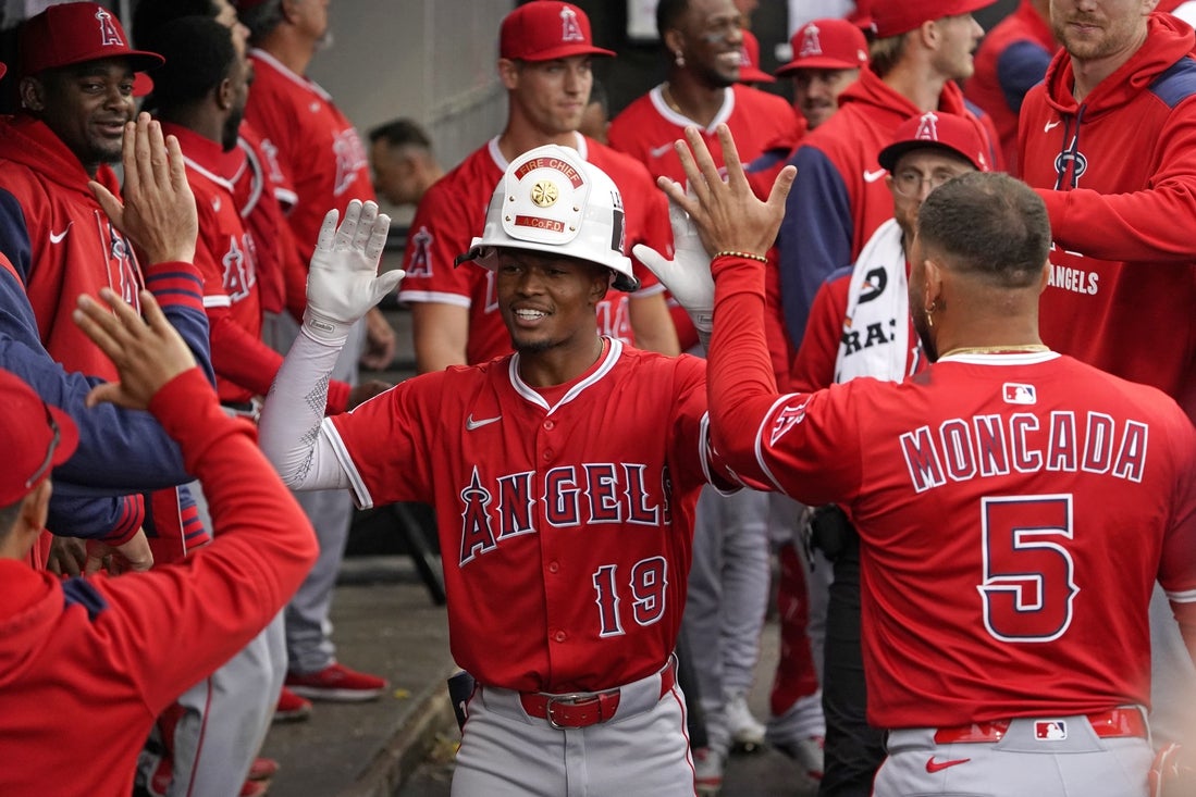 Mar 30, 2025; Chicago, Illinois, USA; Los Angeles Angels outfielder Kyren Paris (19) celebrates his home run against the Chicago White Sox during the eighth inning at Guaranteed Rate Field. Mandatory Credit: David Banks-Imagn Images