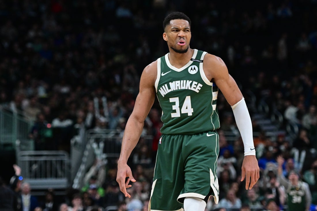 Apr 1, 2025; Milwaukee, Wisconsin, USA; Milwaukee Bucks forward Giannis Antetokounmpo (34) reacts in the fourth quarter against the Phoenix Suns at Fiserv Forum. Mandatory Credit: Benny Sieu-Imagn Images
