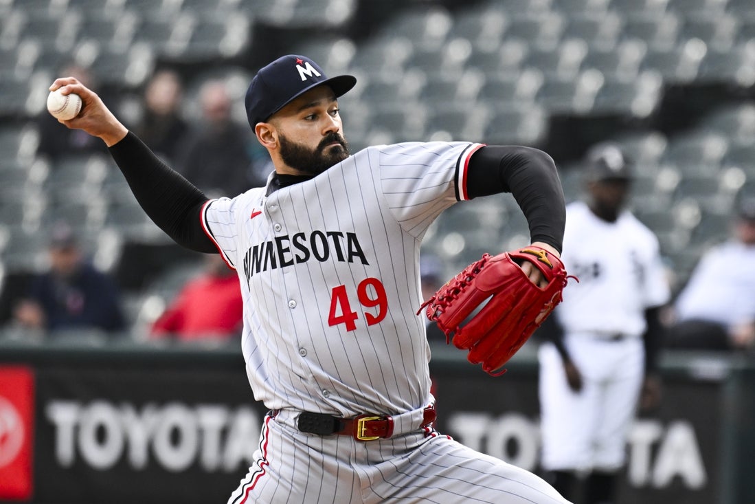 Apr 2, 2025; Chicago, Illinois, USA; Minnesota Twins pitcher Pablo Lopez (49) throws against the Chicago White Sox during the first inning at Guaranteed Rate Field. Mandatory Credit: Matt Marton-Imagn Images