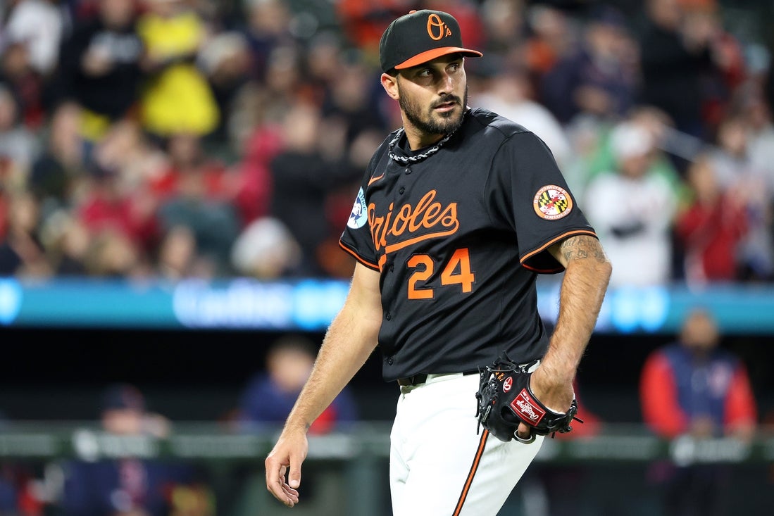 Apr 2, 2025; Baltimore, Maryland, USA; Baltimore Orioles pitcher Zach Eflin (24) walks off the field during the fifth inning against the Boston Red Sox at Oriole Park at Camden Yards. Mandatory Credit: Daniel Kucin Jr.-Imagn Images