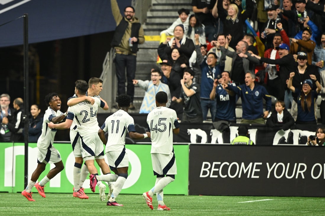 Apr 2, 2025; Vancouver, British Columbia, CAN; Vancouver Whitecaps FC forward Brian White (24) scores second half against Pumas UNAM at BC Place. Mandatory Credit: Anne-Marie Sorvin-Imagn Images
