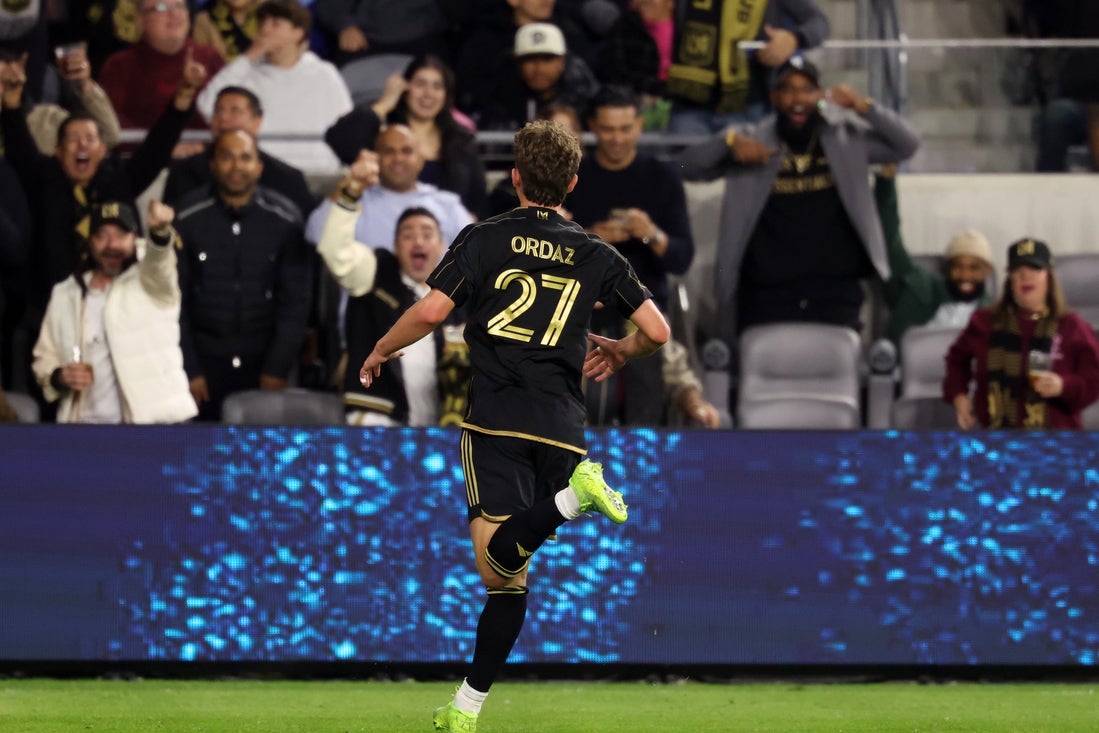 Apr 2, 2025; Los Angeles, California, USA; LAFC forward Nathan Ordaz (27) reacts after scoring a goal during the second half of a Concacaf Champions Cup Quarterfinal match against Inter Miami CF at BMO Stadium. Mandatory Credit: Kiyoshi Mio-Imagn Images