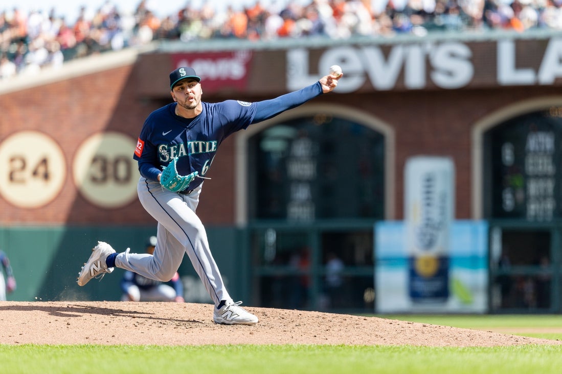 Apr 4, 2025; San Francisco, California, USA; Seattle Mariners pitcher Tayler Saucedo (60) throws a pitch during the fourth inning against the San Francisco Giants at Oracle Park. Mandatory Credit: Bob Kupbens-Imagn Images