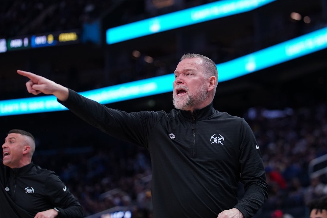 Apr 4, 2025; San Francisco, California, USA; Denver Nuggets head coach Michael Malone yells direction during a game against the Golden State Warriors in the third period at Chase Center. Mandatory Credit: David Gonzales-Imagn Images