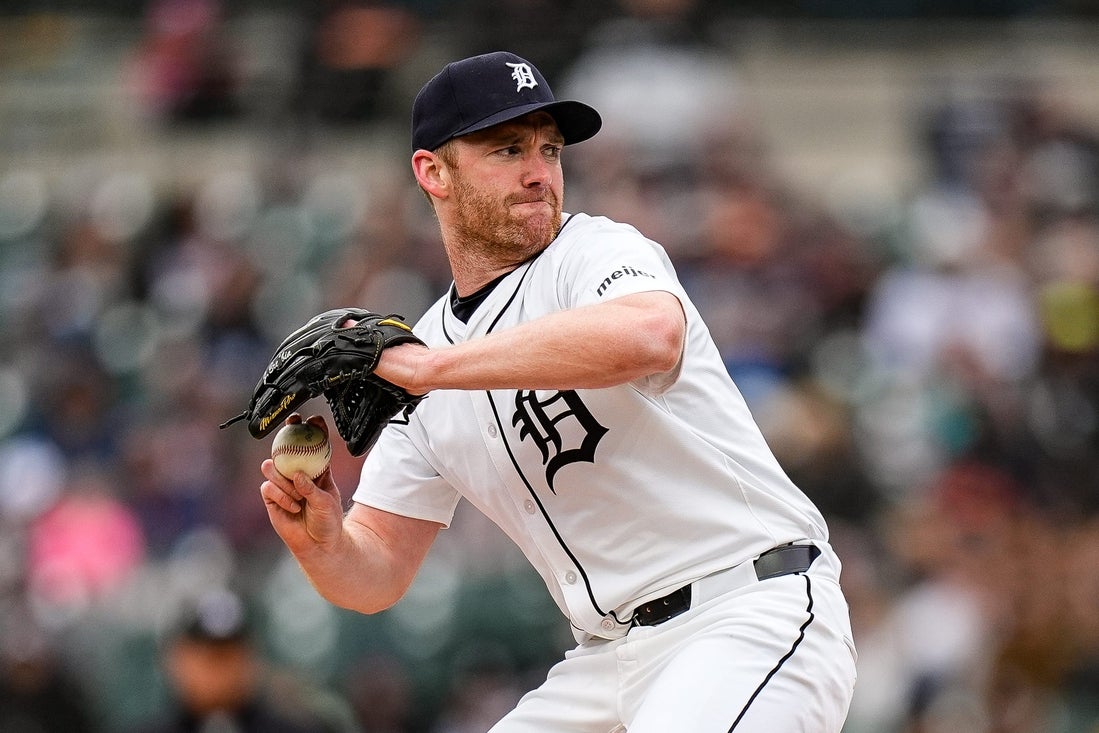 Detroit Tigers pitcher John Brebbia (49) throws against Chicago White Sox during the eighth inning at Comerica Park in Detroit on Saturday, April 5, 2025.