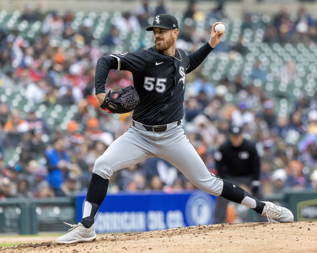 Apr 5, 2025; Detroit, Michigan, USA; Chicago White Sox pitcher Fraser Ellard (55) throws in the sixth inning against the Detroit Tigers at Comerica Park. Mandatory Credit: David Reginek-Imagn Images
