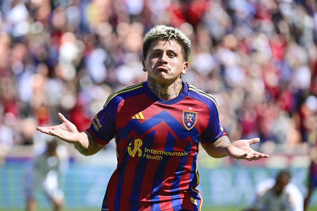 Apr 5, 2025; Sandy, Utah, USA; Real Salt Lake midfielder Diego Luna (8) celebrates after a goal against the LA Galaxy during the first half at America First Field. Mandatory Credit: Christopher Creveling-Imagn Images