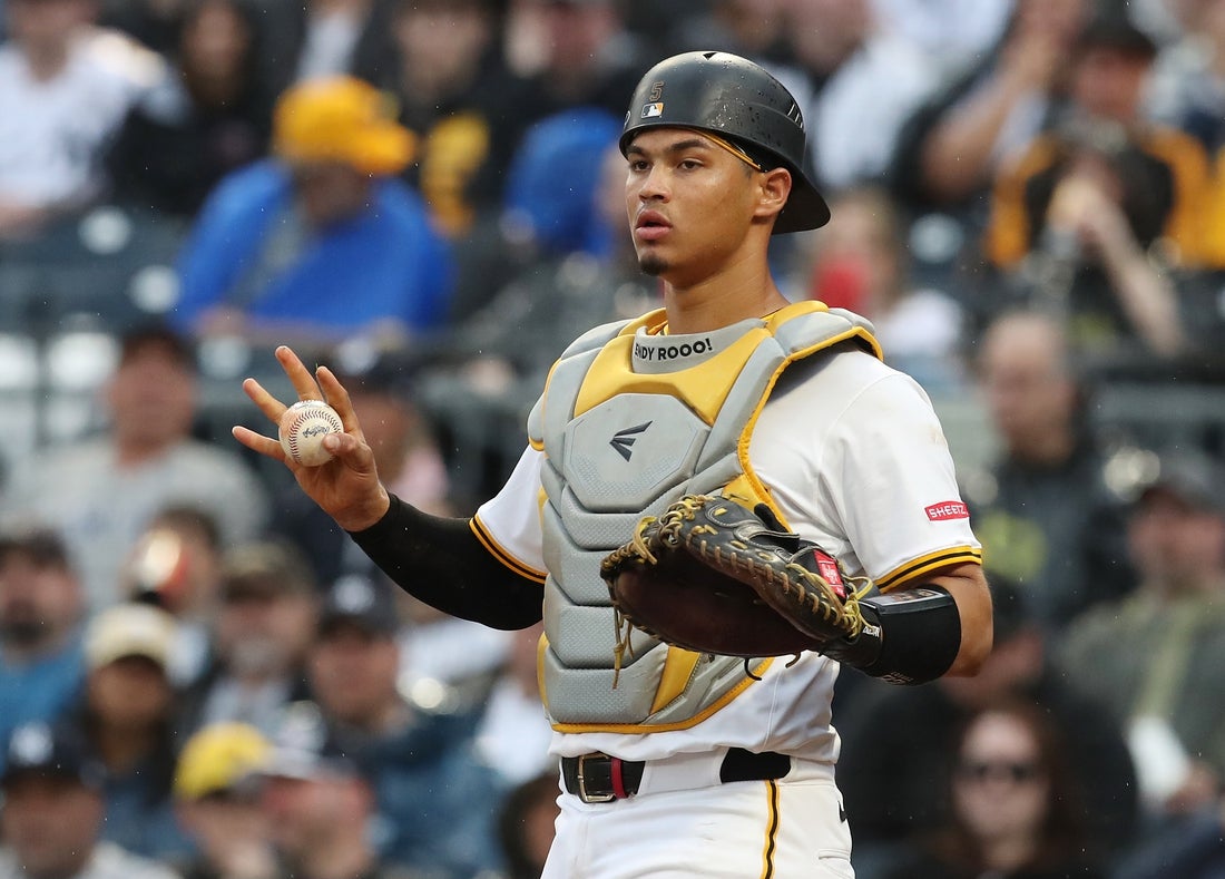 Apr 5, 2025; Pittsburgh, Pennsylvania, USA; Pittsburgh Pirates catcher Endy Rodriguez (5) asks for time-out against the New York Yankees during the fifth inning at PNC Park. Mandatory Credit: Charles LeClaire-Imagn Images