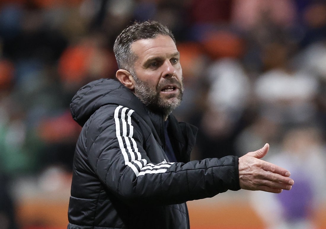 Apr 5, 2025; Houston, Texas, USA; Houston Dynamo FC head coach Ben Olsen reacts while his team plays against the Los Angeles FC in the second half at Shell Energy Stadium. Mandatory Credit: Thomas Shea-Imagn Images