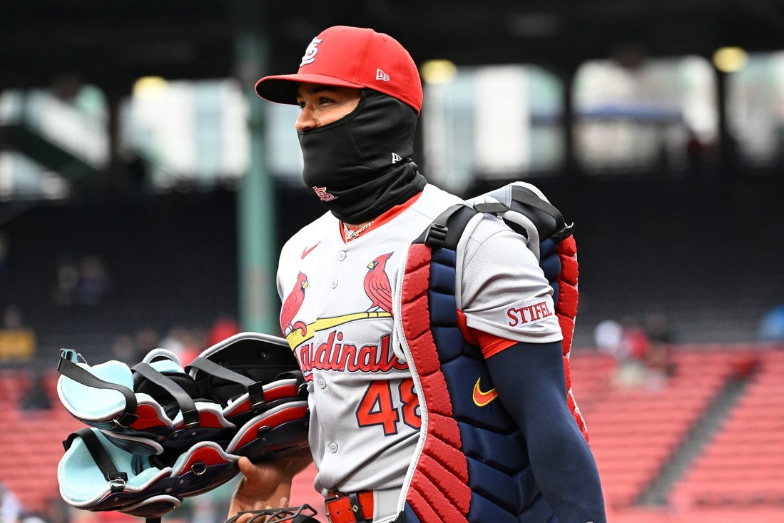 Apr 6, 2025; Boston, Massachusetts, USA; St. Louis Cardinals catcher Ivan Herrera (48) heads out to warm up before a game against the Boston Red Sox at Fenway Park. Mandatory Credit: Eric Canha-Imagn Images