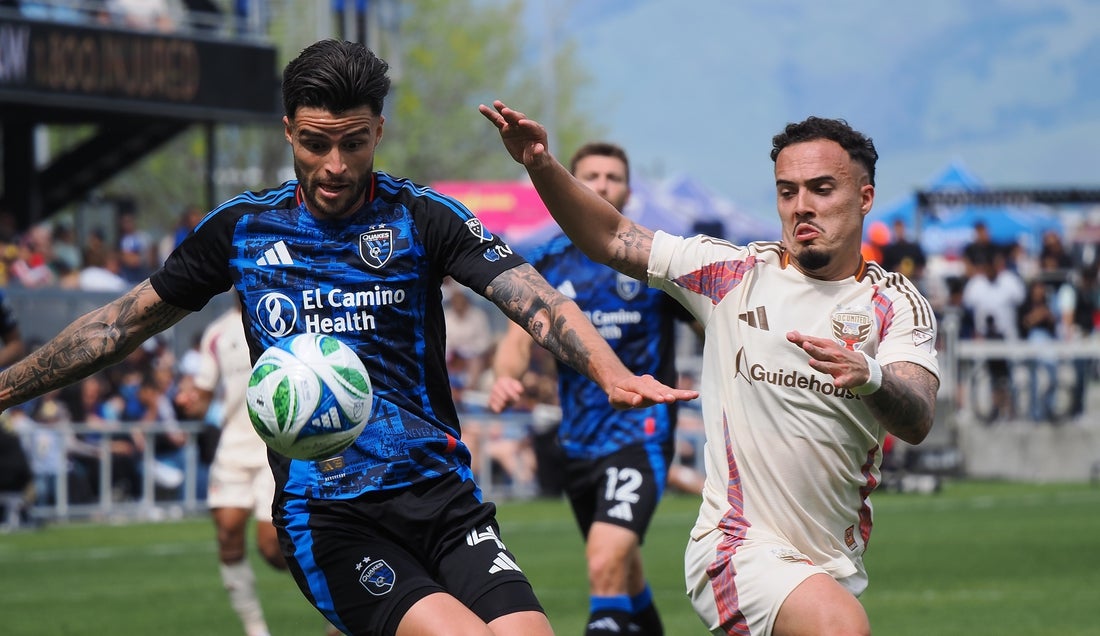 Apr 6, 2025; San Jose, California, USA; San Jose Earthquakes centre back Bruno Wilson (4) controls the ball ahead of DC United left midfielder Joao Martins Peglow (7) during the first half at PayPal Park. Mandatory Credit: Kelley L Cox-Imagn Images