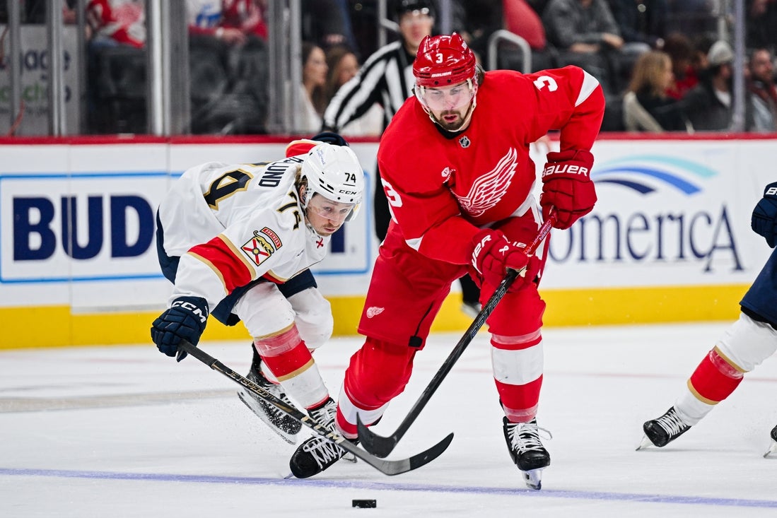 Apr 6, 2025; Detroit, Michigan, USA; Detroit Red Wings defenseman Justin Holl (3) brings the puck up ice against Florida Panthers center Rasmus Asplund (74) during the second period at Little Caesars Arena. Mandatory Credit: Tim Fuller-Imagn Images