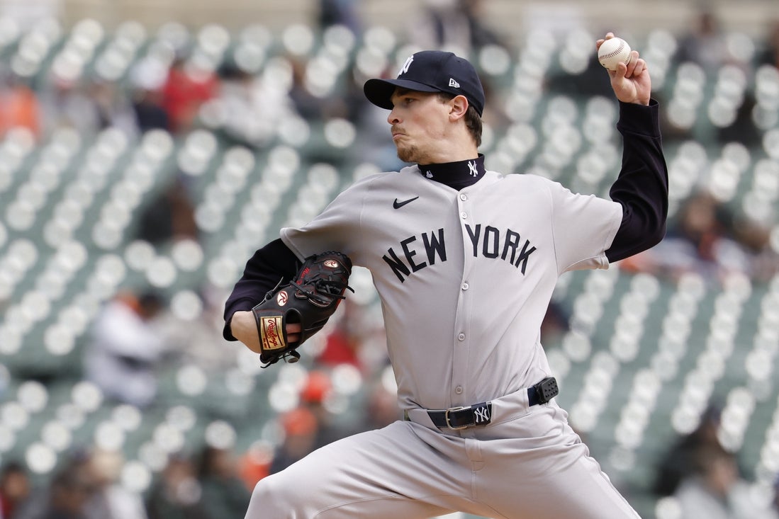 Apr 9, 2025; Detroit, Michigan, USA; New York Yankees pitcher Max Fried (54) pitches in the first inning against the Detroit Tigers at Comerica Park. Mandatory Credit: Rick Osentoski-Imagn Images