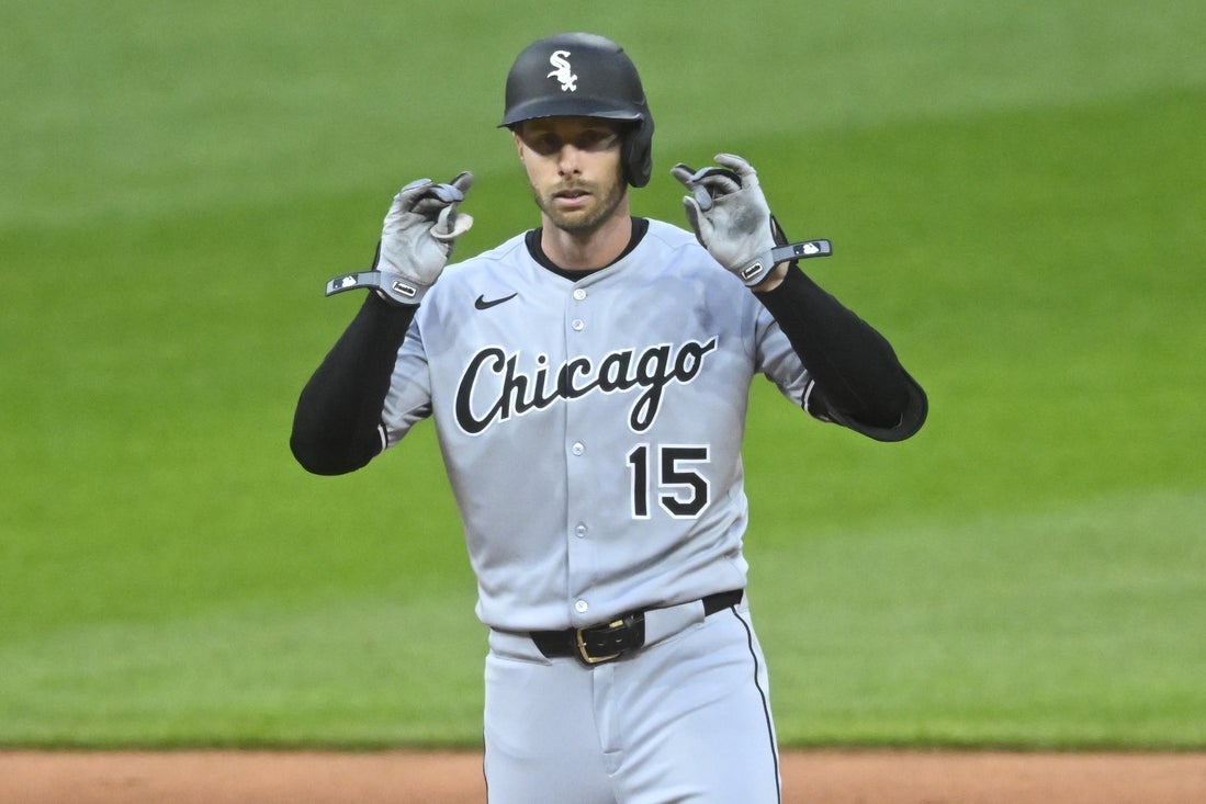 Apr 9, 2025; Cleveland, Ohio, USA; Chicago White Sox designated hitter Austin Slater (15) celebrates his double in the fifth inning against the Cleveland Guardians at Progressive Field. Mandatory Credit: David Richard-Imagn Images