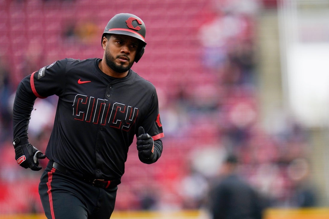 Cincinnati Reds third base Jeimer Candelario (3) runs the bases after hitting a homer in the first inning of a MLB game between the Cincinnati Reds and Pittsburgh Pirates, Friday, April 11, 2025, at Great American Ball Park in Downtown Cincinnati.