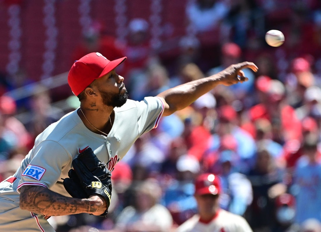 Apr 12, 2025; St. Louis, Missouri, USA; Philadelphia Phillies pitcher Cristopher Sanchez (61) pitches in the first inning at Busch Stadium. Mandatory Credit: Tim Vizer-Imagn Images