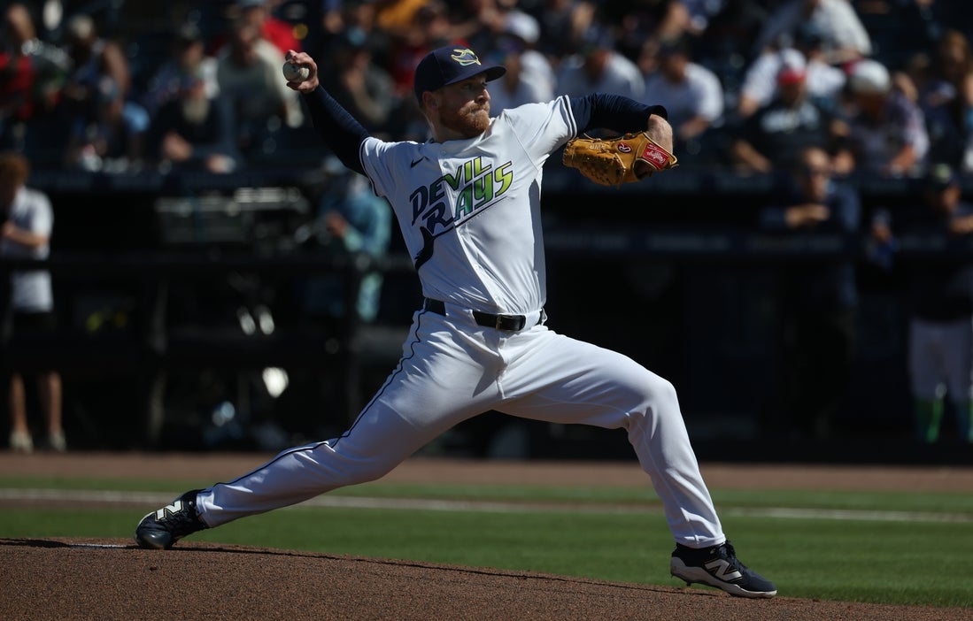 Apr 12, 2025; St. Petersburg, Florida, USA; Tampa Bay Rays starting pitcher Drew Rasmussen (57) throws a pitch against the Atlanta Braves during the first inning at George M. Steinbrenner Field. Mandatory Credit: Kim Klement Neitzel-Imagn Images