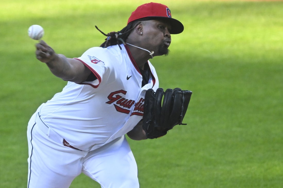 Apr 12, 2025; Cleveland, Ohio, USA; Cleveland Guardians starting pitcher Luis Ortiz (45) delivers a pitch in the first inning against the Kansas City Royals at Progressive Field. Mandatory Credit: David Richard-Imagn Images