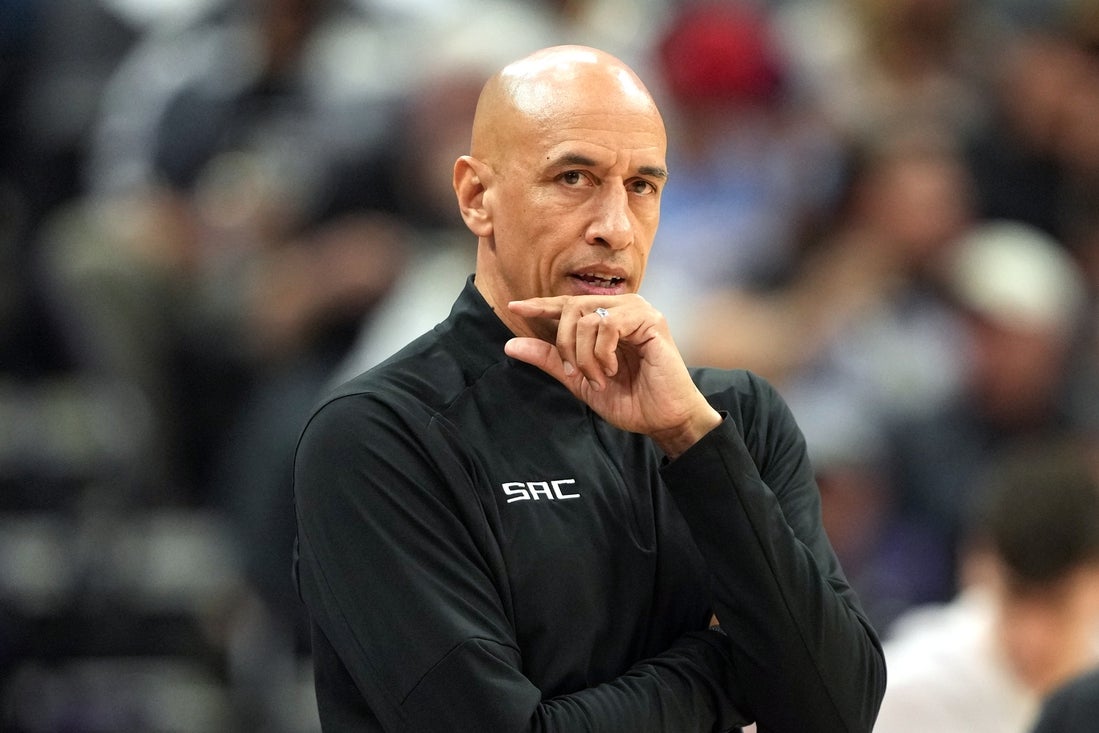 Apr 11, 2025; Sacramento, California, USA; Sacramento Kings interim head coach Doug Christie during the first quarter against the Los Angeles Clippers at Golden 1 Center. Mandatory Credit: Darren Yamashita-Imagn Images